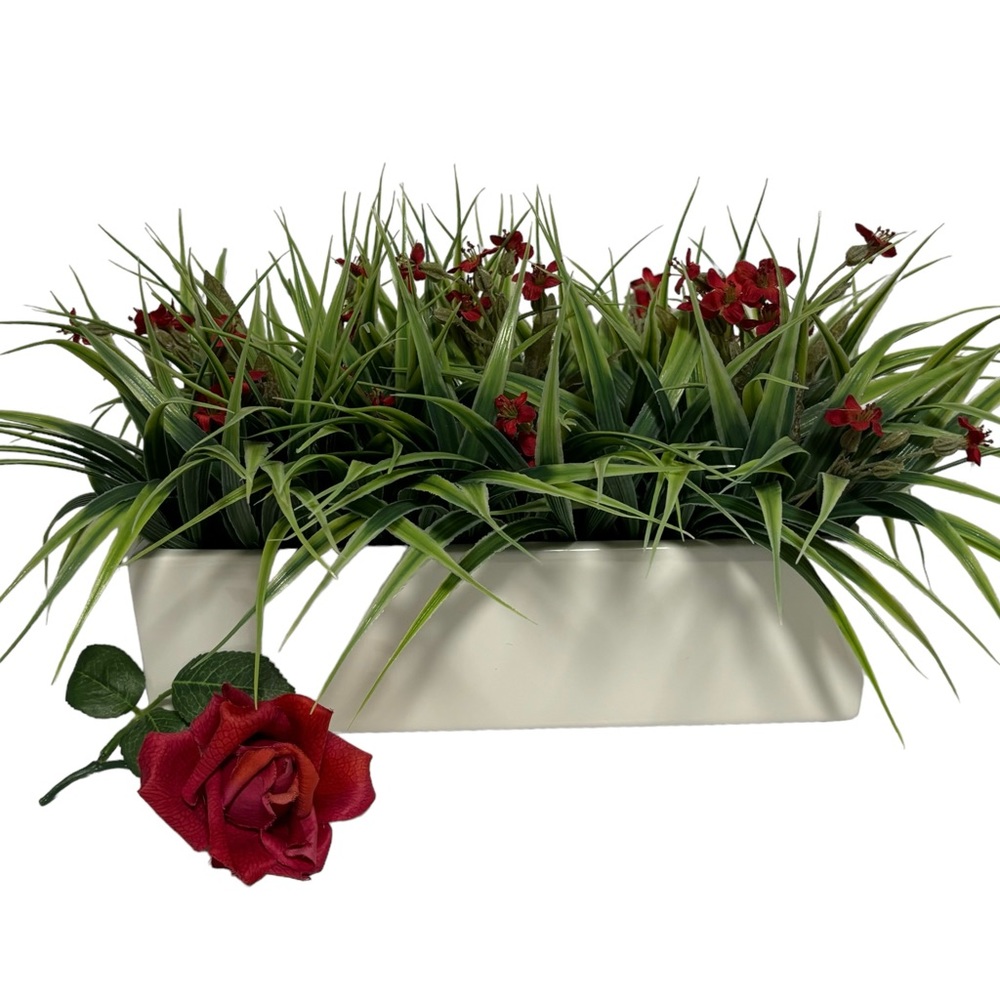 Artificial flower white 12” oblong vase Vinyl silk ceramic felt bottom LIKE NEW